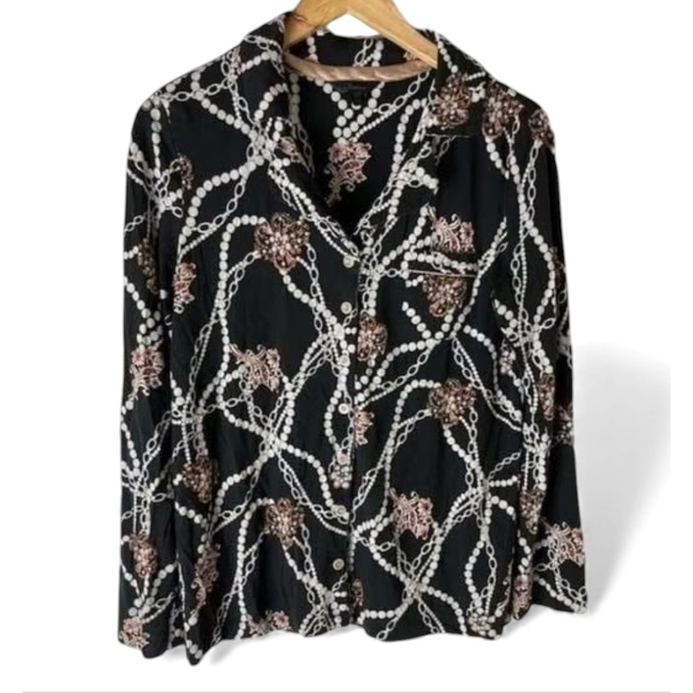 SOMA PAJAMA LOUNGE TOP SHIRT Soft Jersey Knit BLACK JEWELRY PEARLS PRINT sz M